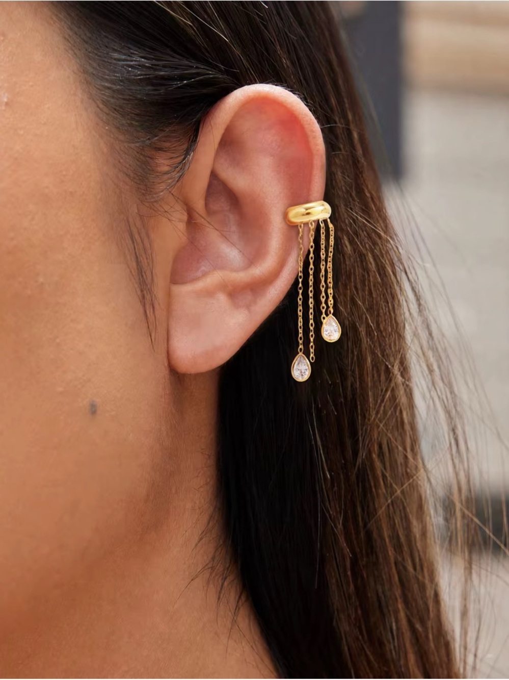 Gold Ear Cuff with Triple Teardrop Chains - Women Jewelry